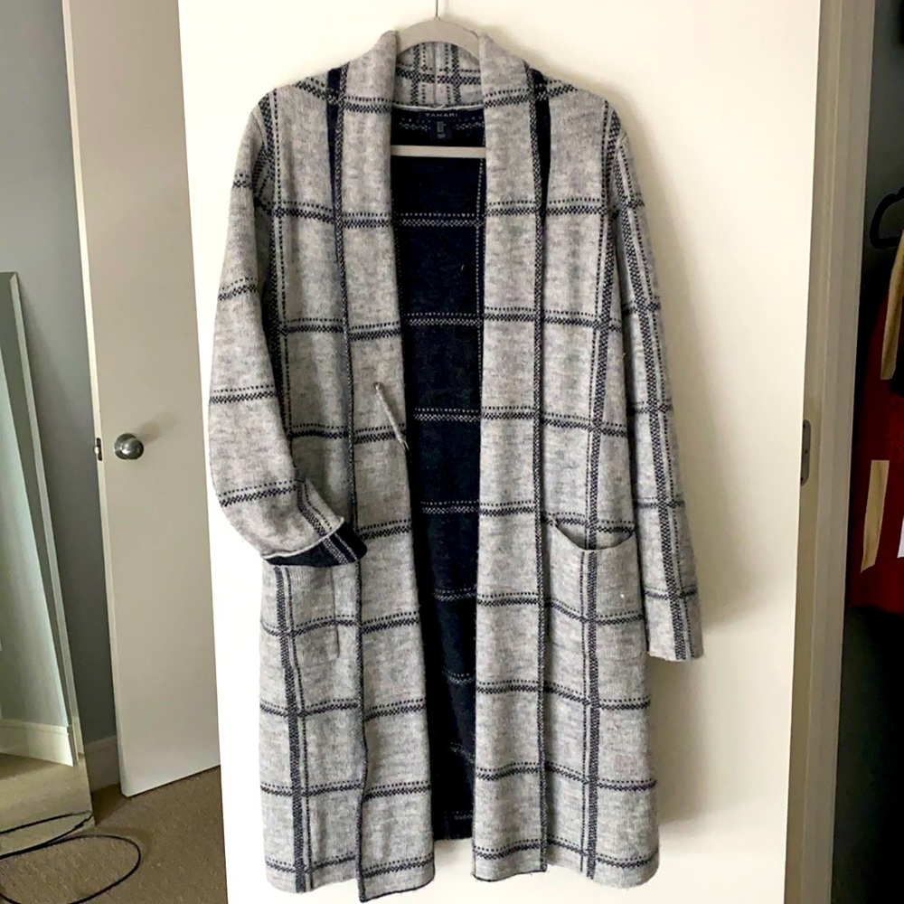 Grey and blue patterned long cardigan